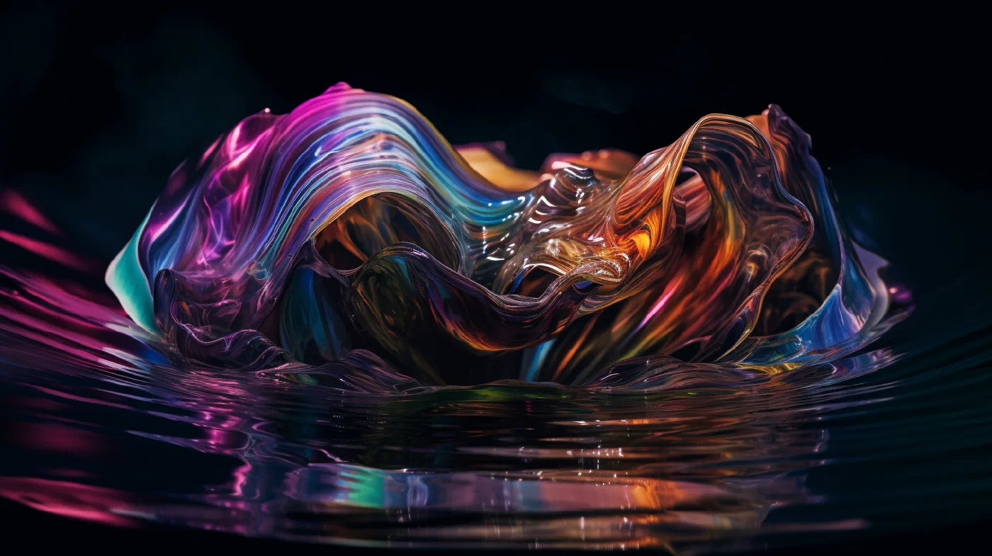 Iridescent fluid sculpture rising from black water