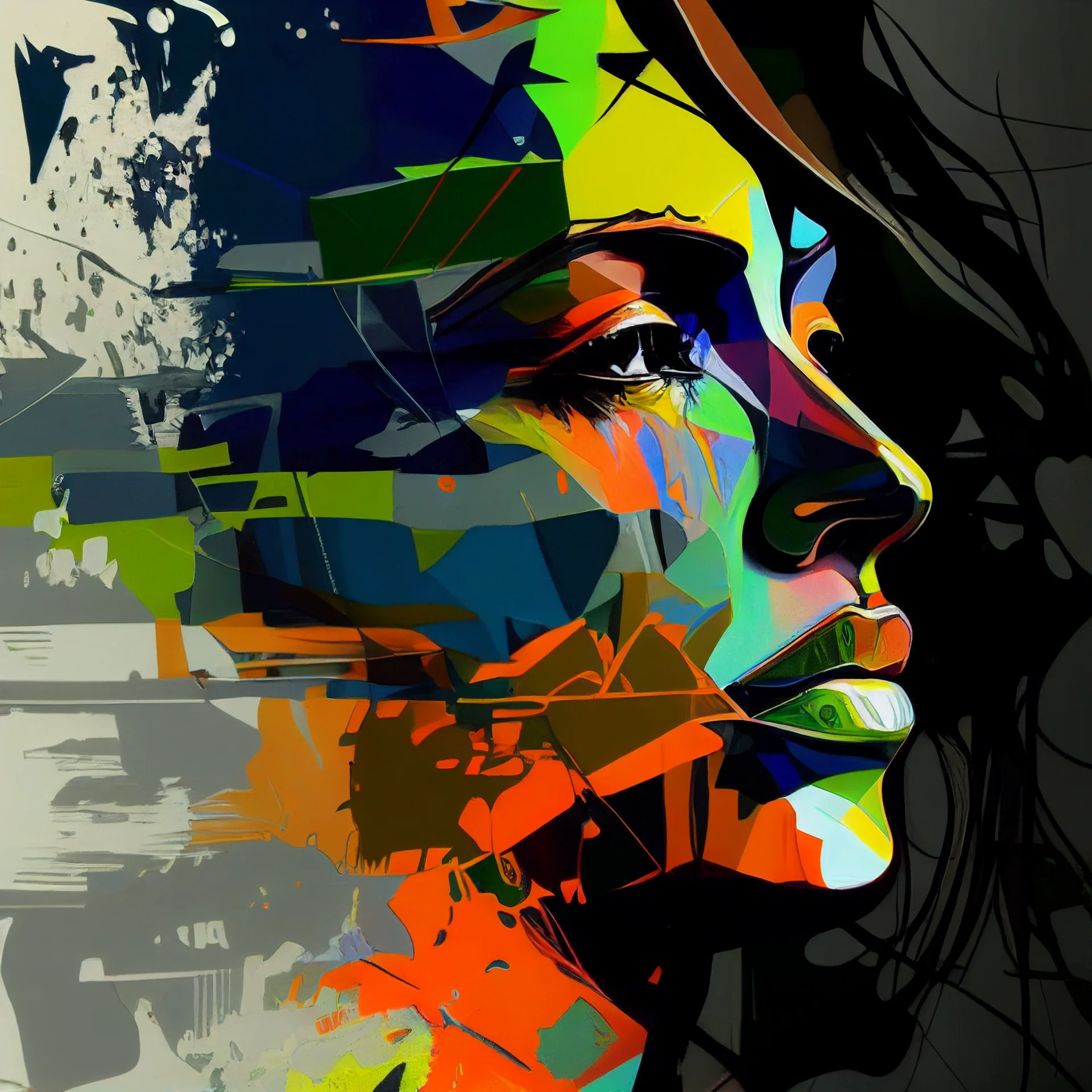 Polygonal portrait of a woman in profile with vibrant color shards
